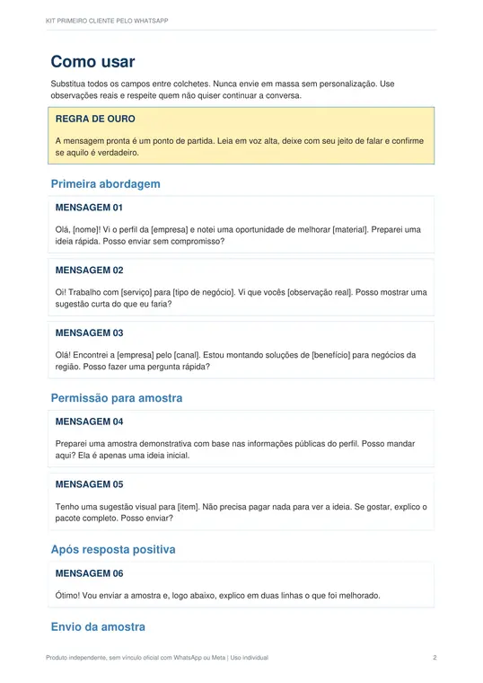 Página real do material com mensagens para clientes